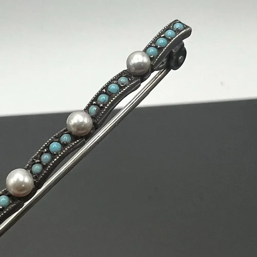 Antique Sterling silver Faux Turquoise and Pearl Bar pin Brooch